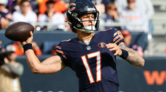 Bears undrafted quarterback Tyson Bagent out of Division II Shepherd won his first NFL start.
